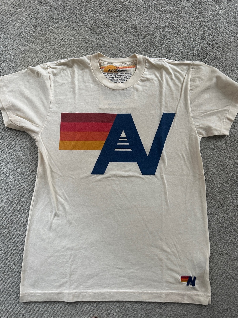 Aviator Nation Cream Tee with Navy Logo & Sunset Stripes